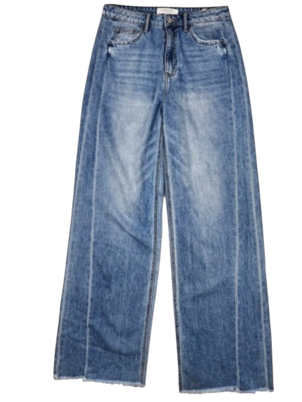 Lovervet Womens High Rise Wide Leg Raw Hem Vertical Seam Accent Denim Jeans 29